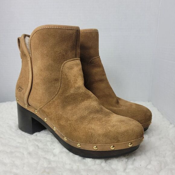 UGG Cam 2 Chestnut Ankle Heel Boots Womens Size 9 Suede Sheepskin Chunky Zip - Picture 1 of 8